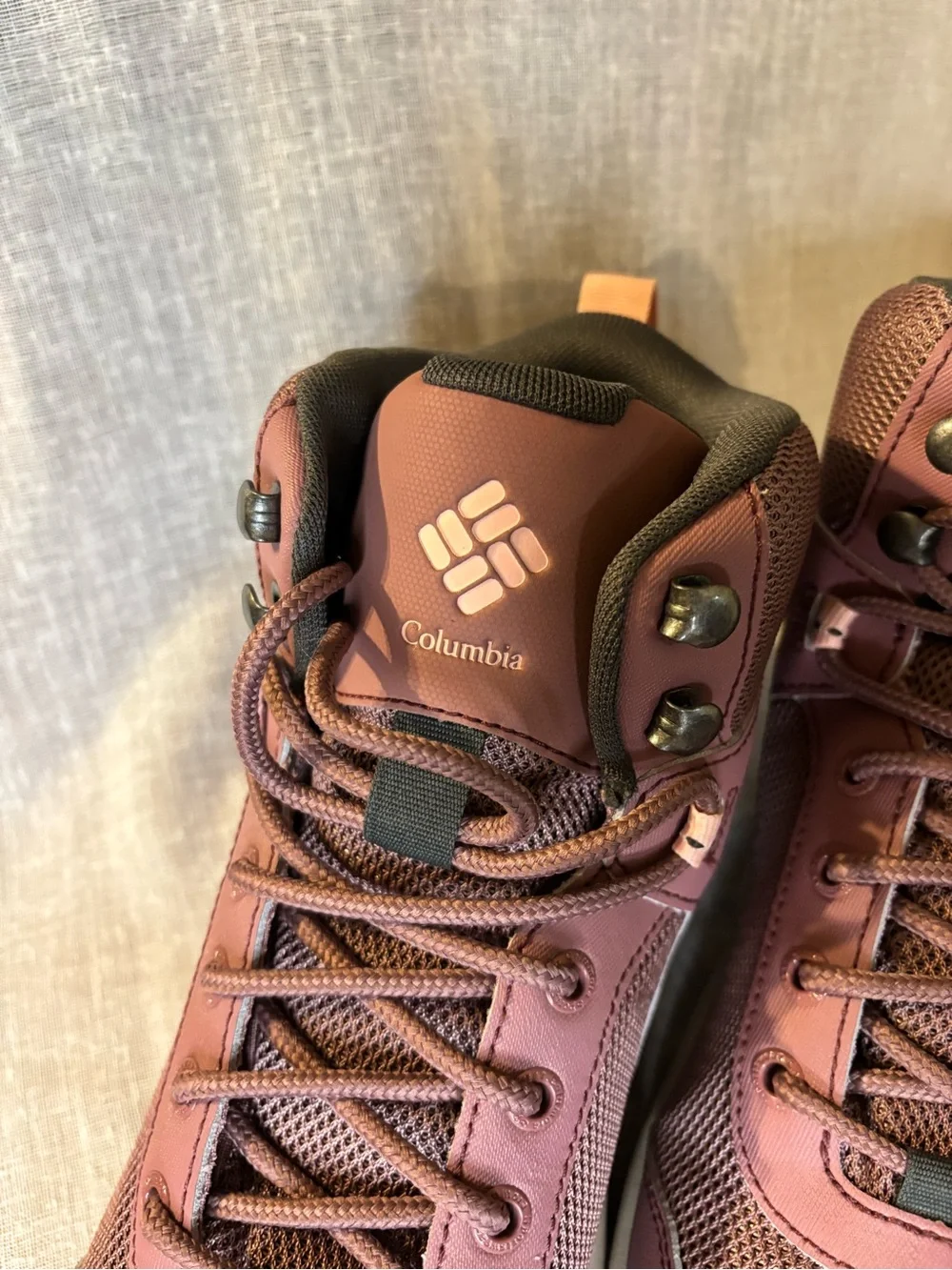 Columbia Women's Dusty Burgundy/Tan Trail Mid-Top Hiking Shoes weatherproof.